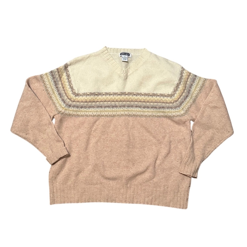 Exhilaration Lambswool Fair Isle V Neck Sweater Women‎ XL Beige Pink Tan